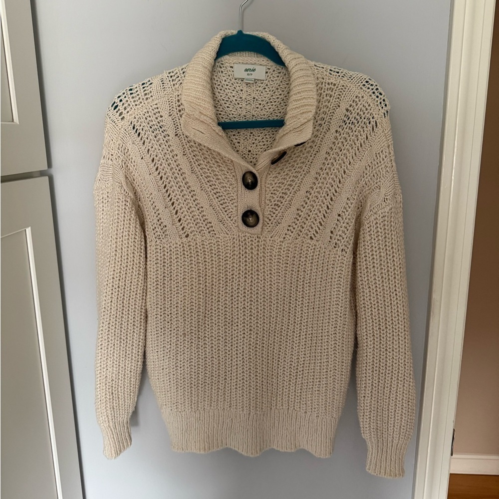 Aerie Classic Quarter Button Sweater in a cream/ivory color